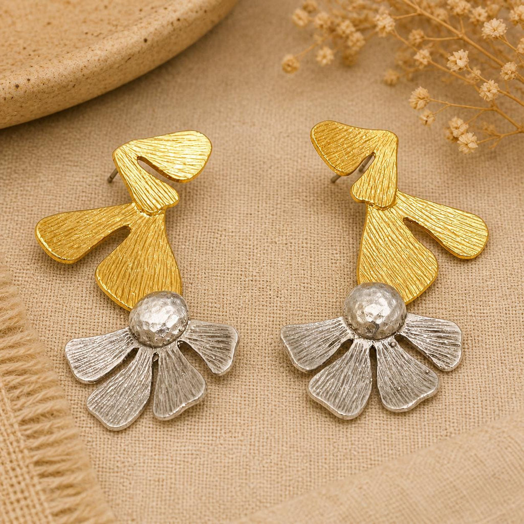 Two Tone Hammered Daisy Earrings, Matte Gold & Silver Plated Brass, Turkish Statement Earrings