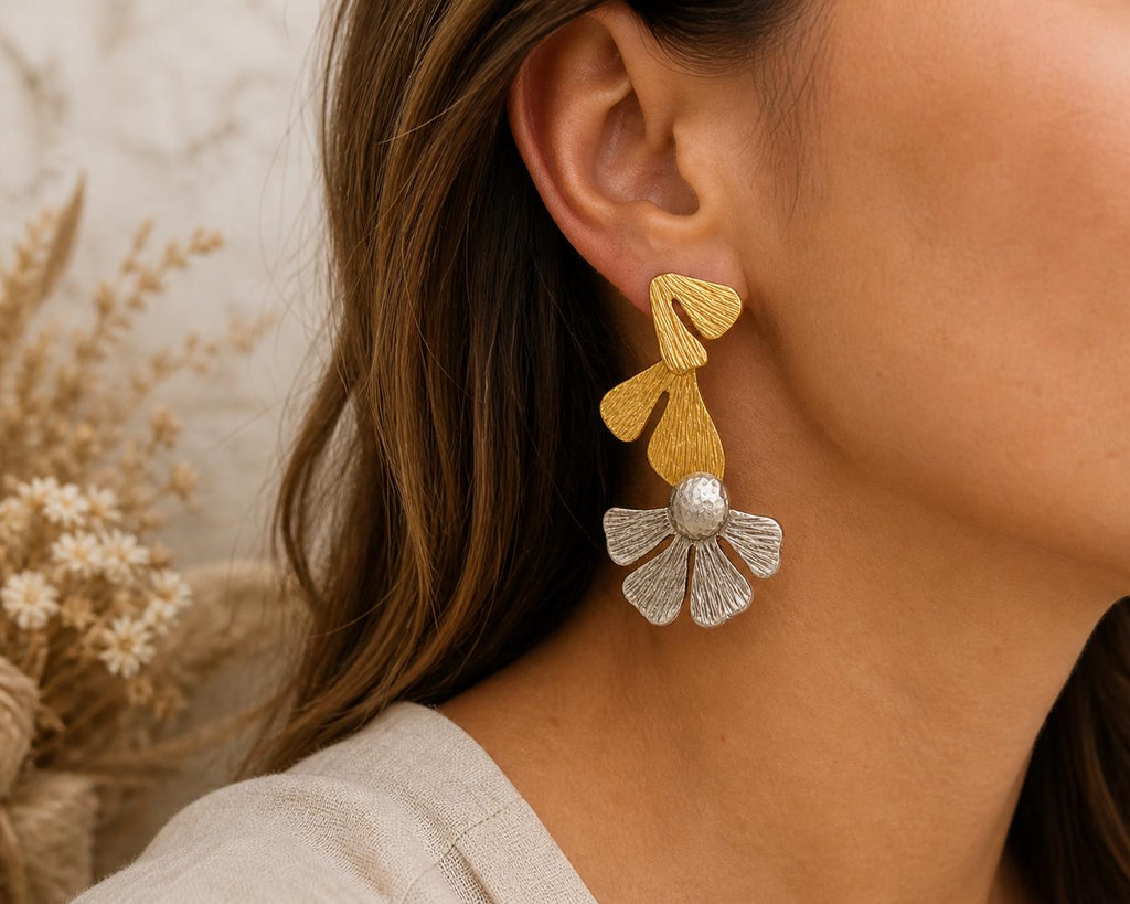 Two Tone Hammered Daisy Earrings, Matte Gold & Silver Plated Brass, Turkish Statement Earrings