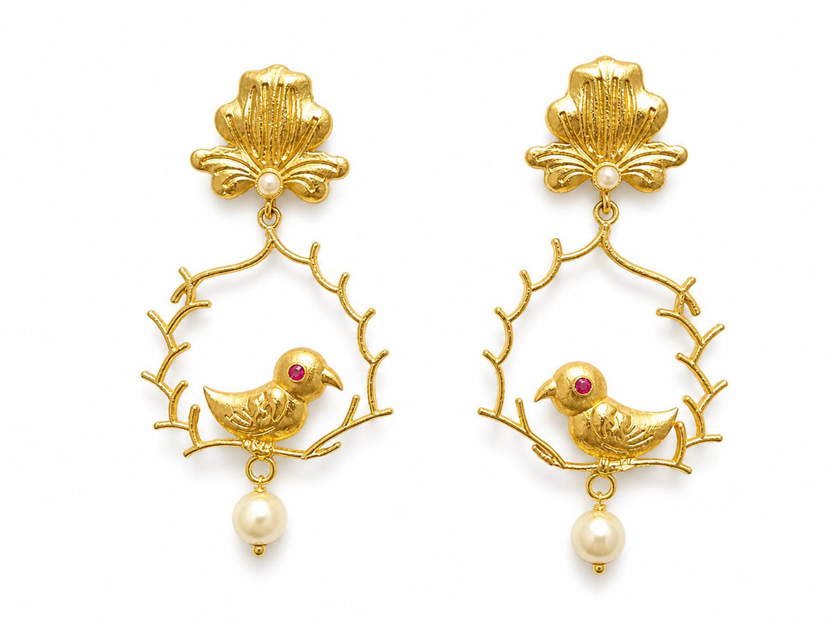 Gold Plated Brass Bird Earrings with Bougainvillea Stone, Hypoallergenic, Gift Packaging Included