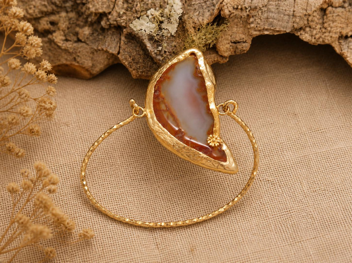 Boho Agate Moon Bracelet, Turkish Gemstone Jewelry, Gold Plated Brass Unique Design