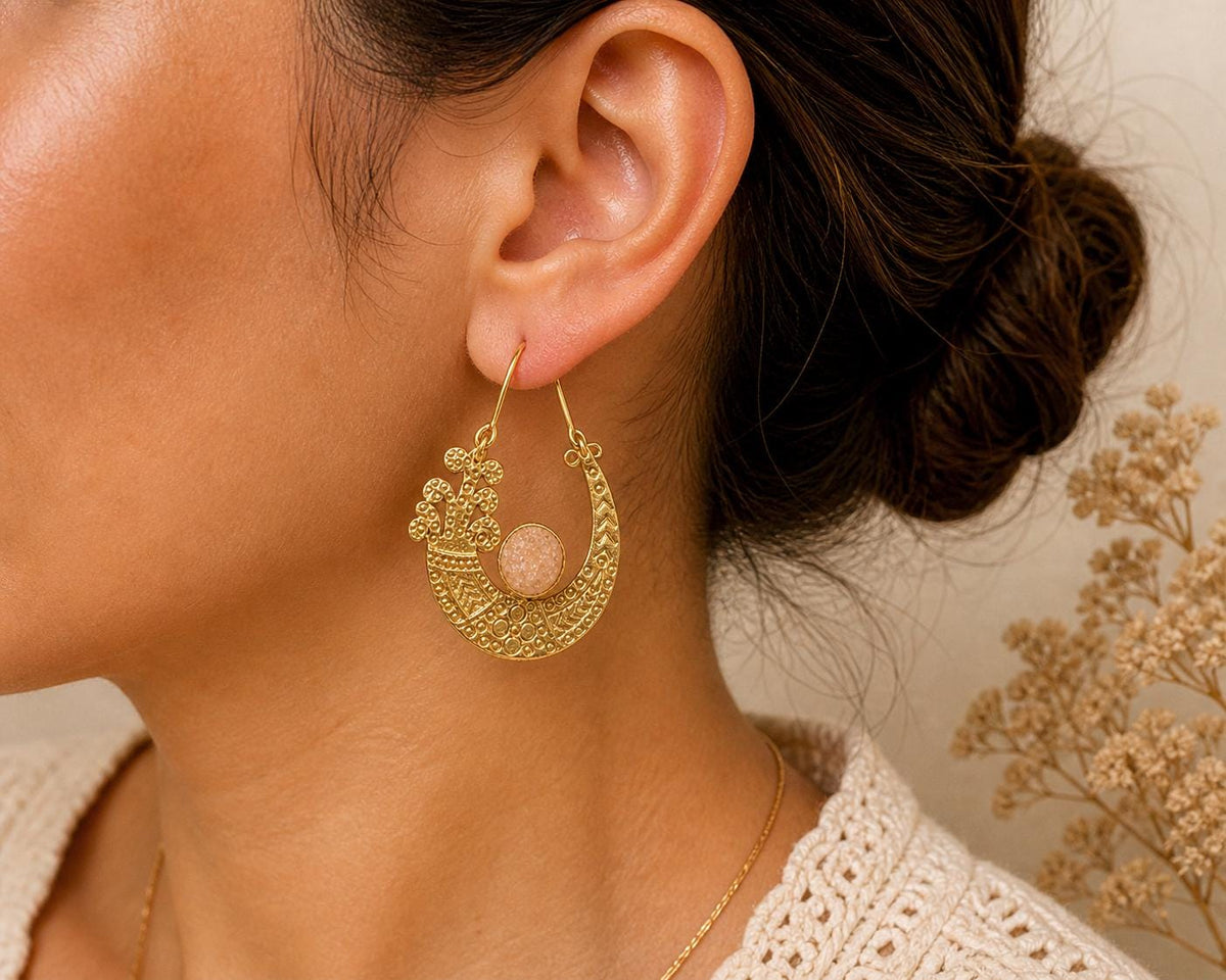 Gold Plated Brass Hoop Earrings with Smoky Druzy Gemstone – Boho Ethnic Jewelry