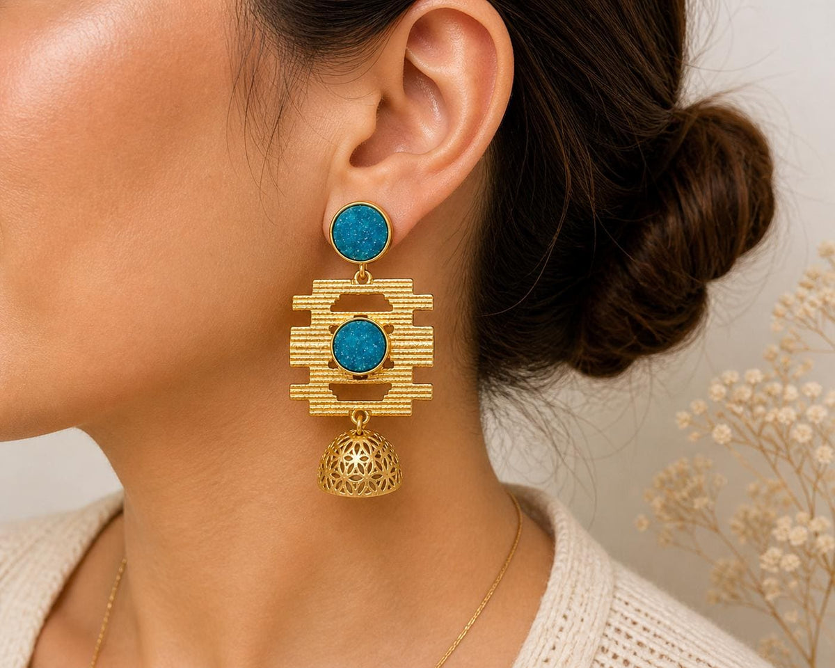 Blue Druzy Chandelier Earrings – Gold Plated Jhumka Dangles, Openwork Design