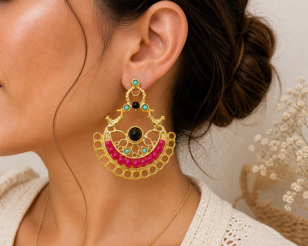 Turkish Chandelier Earrings, Agate, Howlite, Bird Design