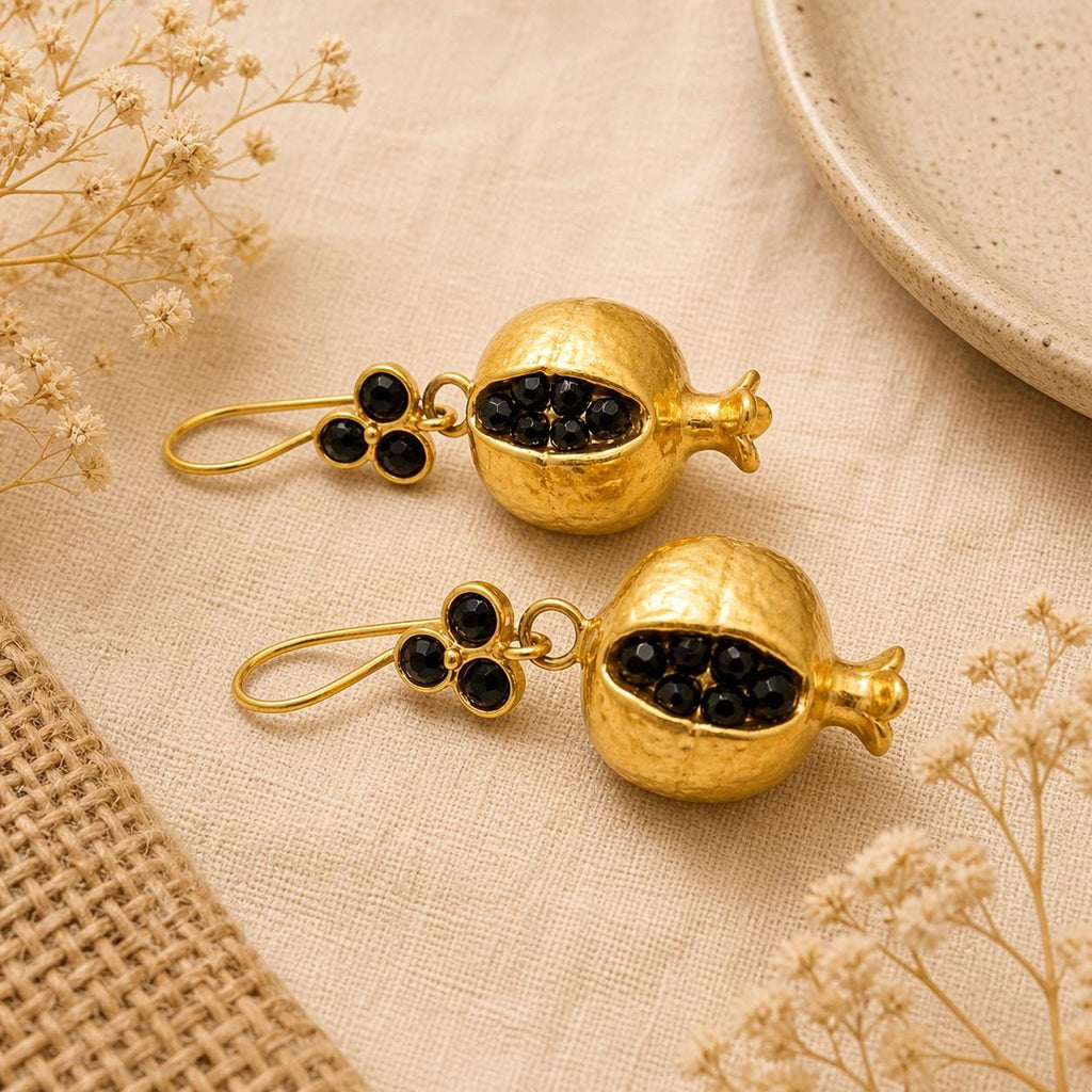 Handmade Bronze Gold Plated Pomegranate Earrings, Black Onyx