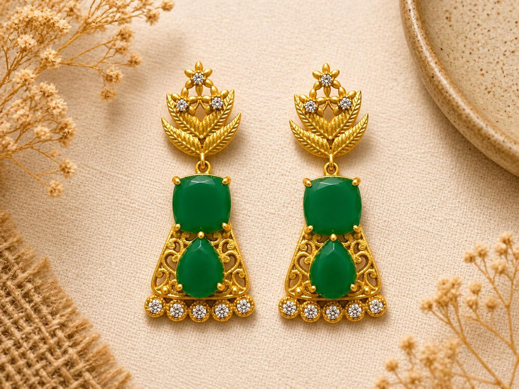 Green Agate Dangle Earrings, Gold Plated, Roxelana Jewelry