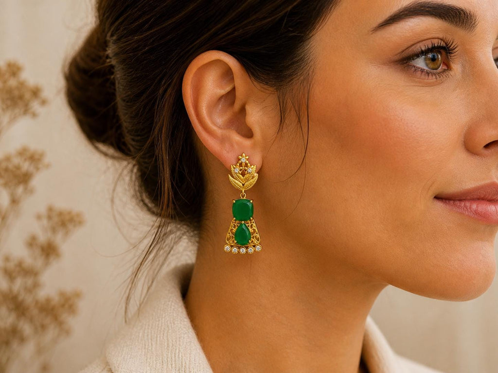 Green Agate Dangle Earrings, Gold Plated, Roxelana Jewelry