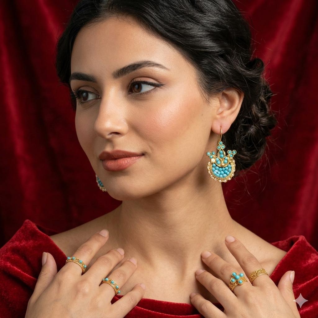 Gold Plated Turkish Tulip Earrings with Pearls, Turquoise – Ottoman Chandelier Style Bridal
