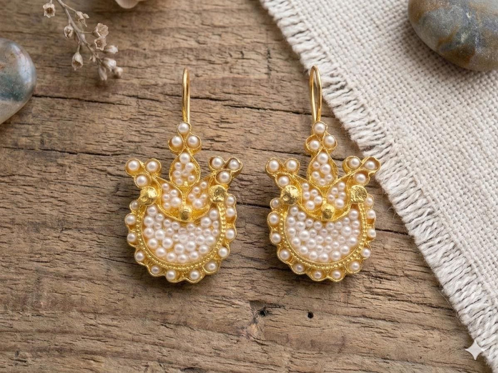 Ottoman Pearl Tulip Earrings – Gold-Plated Chandelier Dangle Jewelry