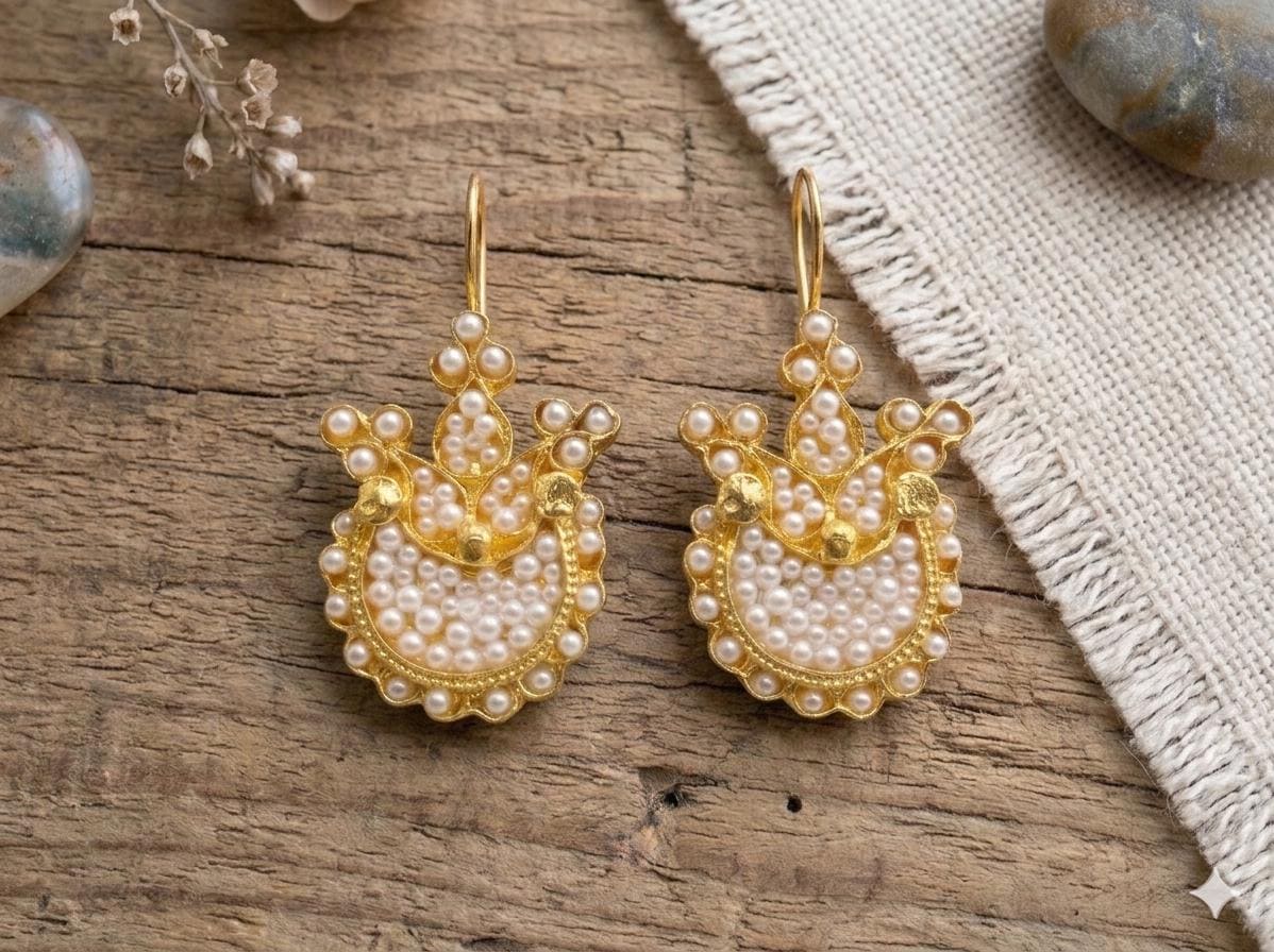 Ottoman Pearl Tulip Earrings – Gold-Plated Chandelier Dangle Jewelry
