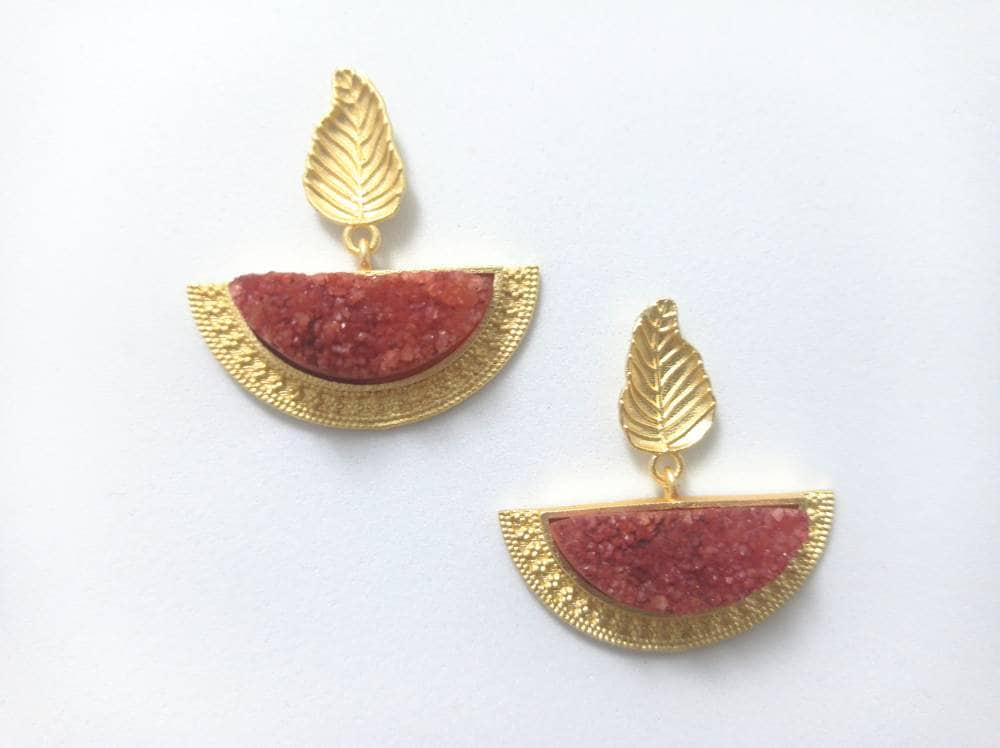 Orange Druzy Leaf Earrings, Gold Plated Semicircle Dangle Studs