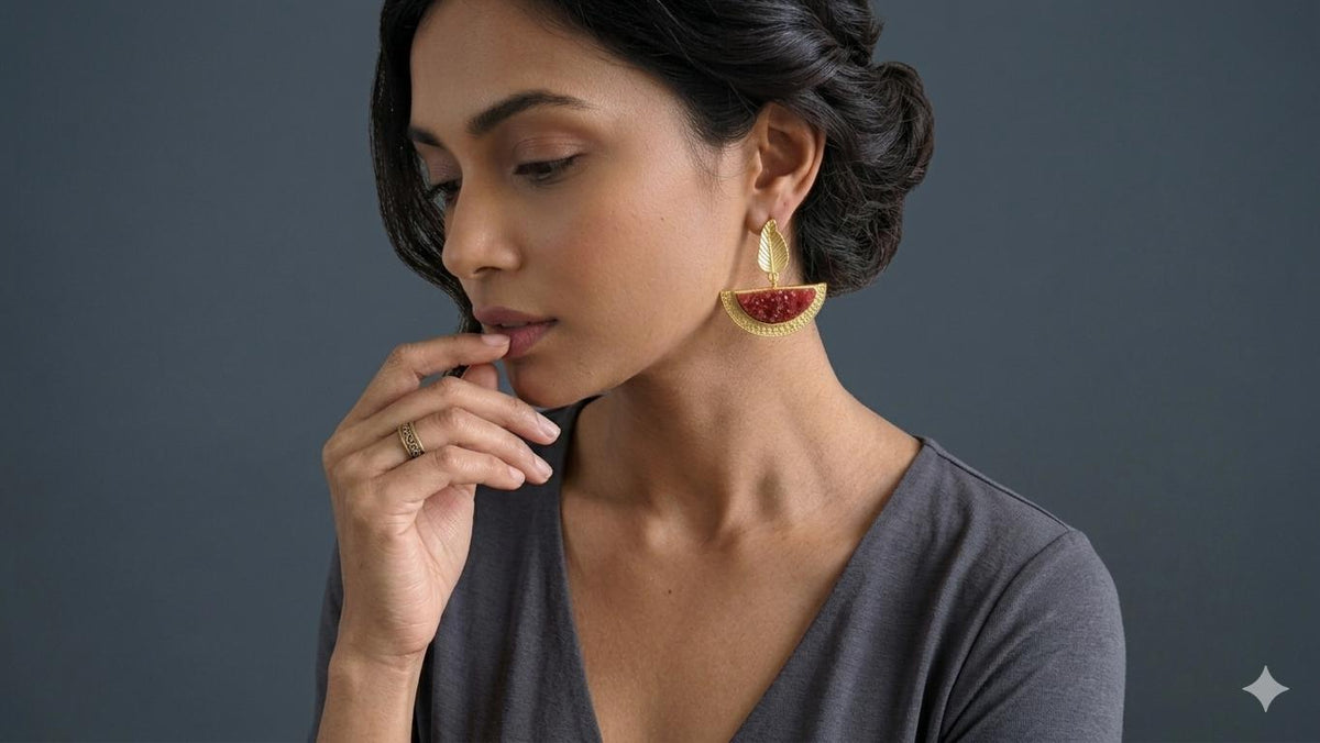 Orange Druzy Leaf Earrings, Gold Plated Semicircle Dangle Studs