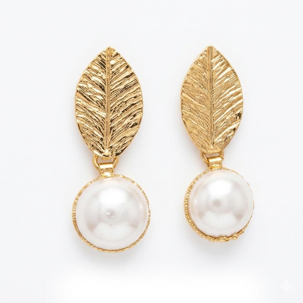 Gold Plated Leaf Pearl Dangle Earrings – Turkish Hypoallergenic Brass Jewelry
