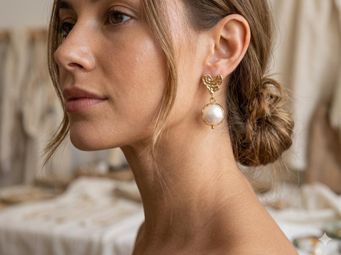 Gold Plated Heart & Pearl Dangle Earrings, Turkish Jewelry