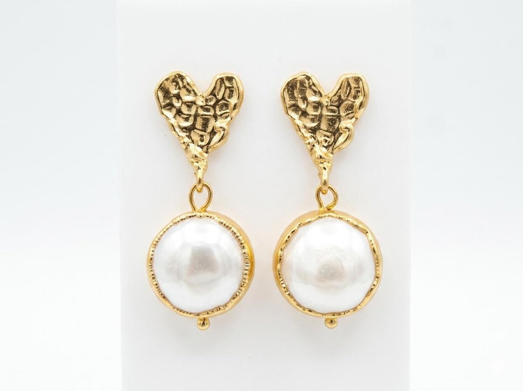 Gold Plated Heart & Pearl Dangle Earrings, Turkish Jewelry