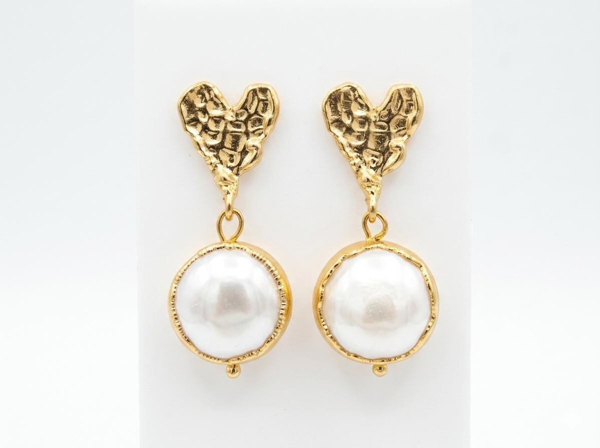Gold Plated Heart & Pearl Dangle Earrings, Turkish Jewelry