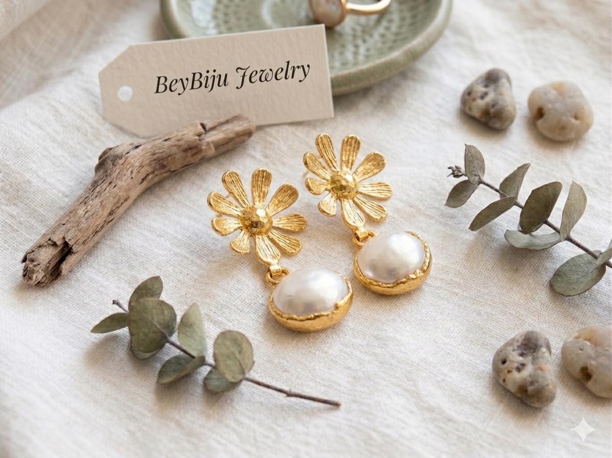 Gold Plated Daisy Earrings, Pearl Dangle, Handmade Flower Jewelry