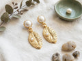Gold Plated Leaf Dangle Earrings with Pearl Studs – Hypoallergenic Turkish Jewelry