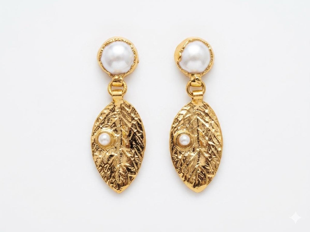 Gold Plated Leaf Dangle Earrings with Pearl Studs – Hypoallergenic Turkish Jewelry
