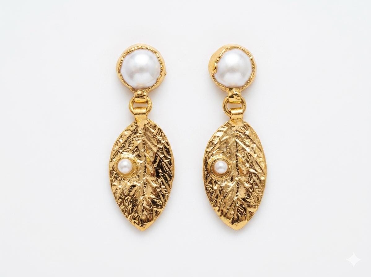 Gold Plated Leaf Dangle Earrings with Pearl Studs – Hypoallergenic Turkish Jewelry