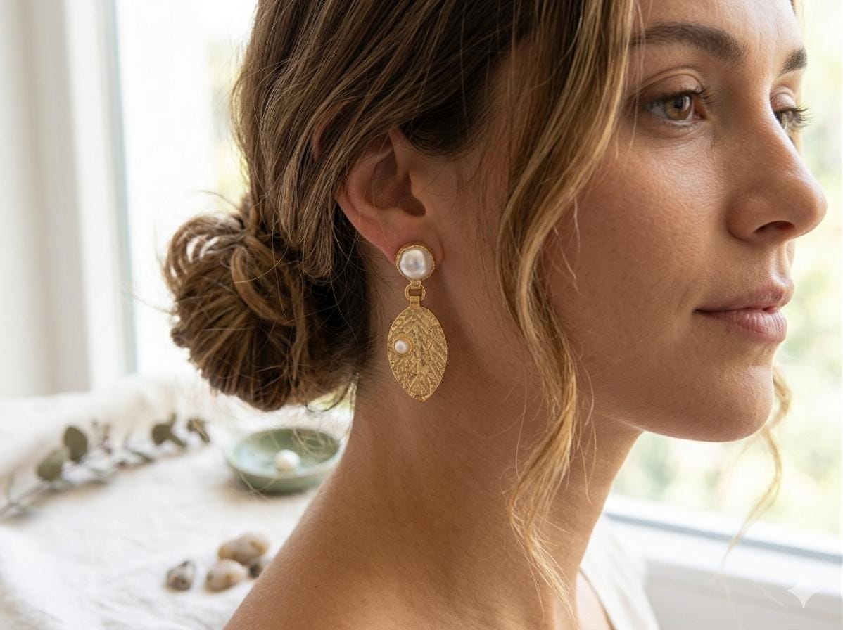 Gold Plated Leaf Dangle Earrings with Pearl Studs – Hypoallergenic Turkish Jewelry