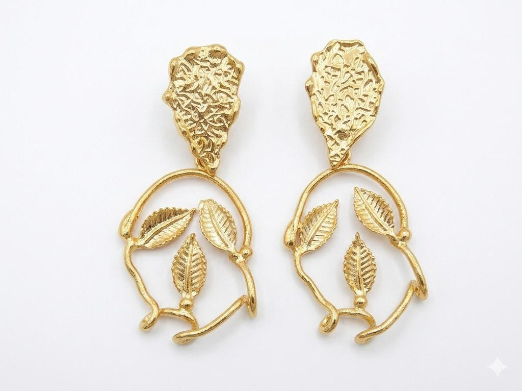 Gold Plated Teardrop Dangle Earrings, Turkish Leaves Chandelier Earrings