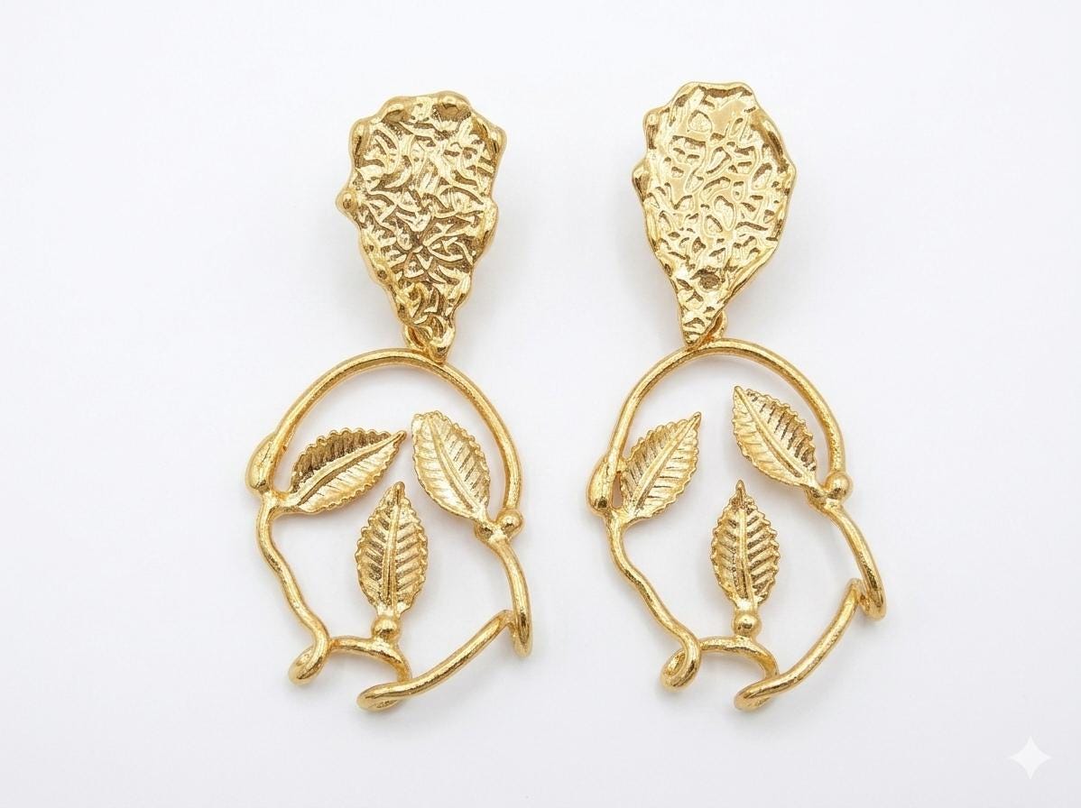Gold Plated Teardrop Dangle Earrings, Turkish Leaves Chandelier Earrings