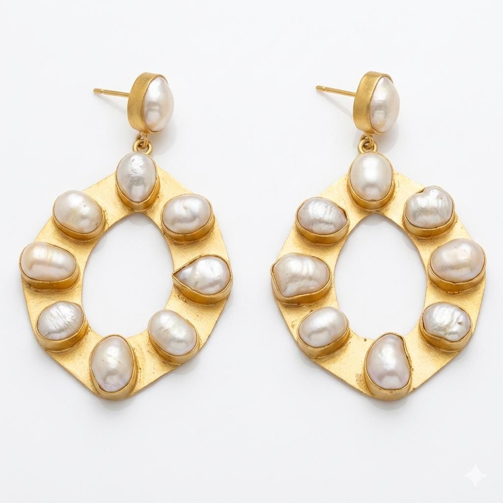 Gold Plated Pearl Hoop Earrings, Stud Dangle, Handmade