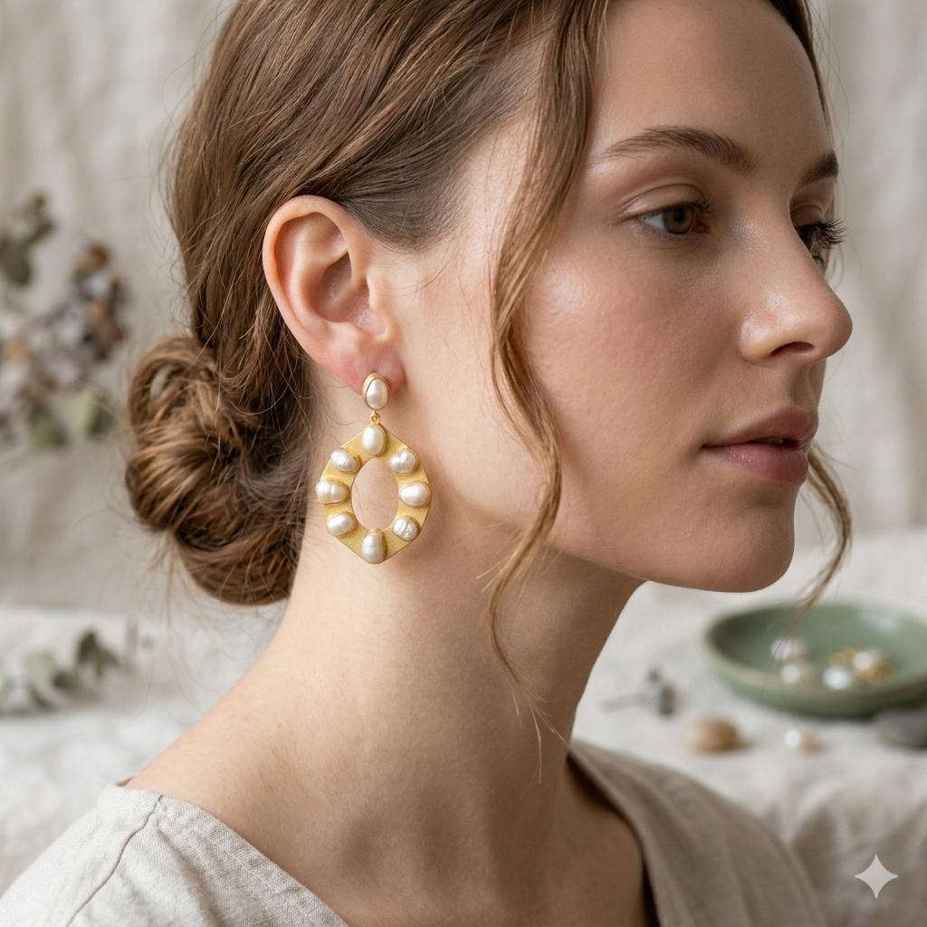 Gold Plated Pearl Hoop Earrings, Stud Dangle, Handmade