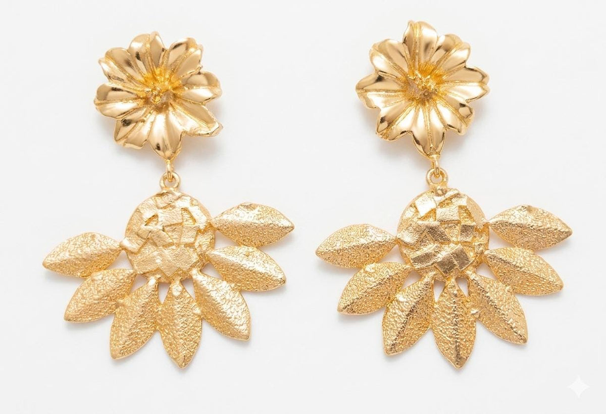 Gold Plated Flower Chandelier Earrings, Hammered Boho Jewelry