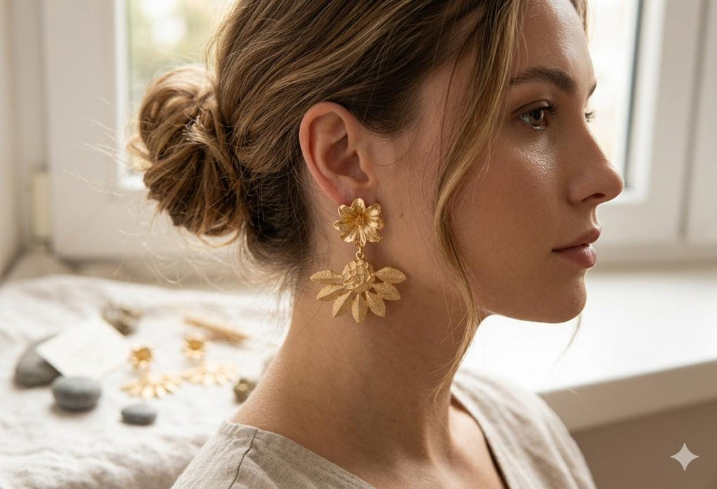 Gold Plated Flower Chandelier Earrings, Hammered Boho Jewelry
