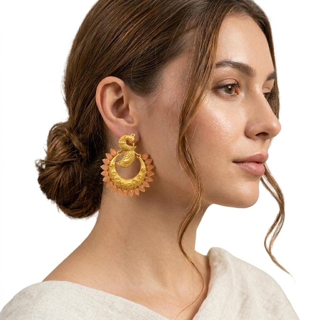 Gold Plated Peacock Hoop Earrings, Jade Stone Dangle Earrings