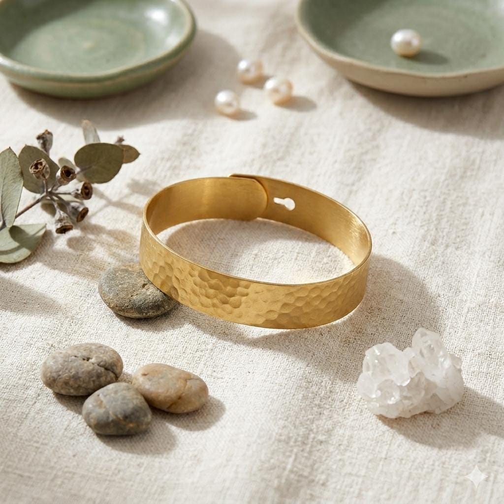 Hammered Gold Plated Brass Bangle Bracelet, Turkish Design, Adjustable Cuff, Matte Finish