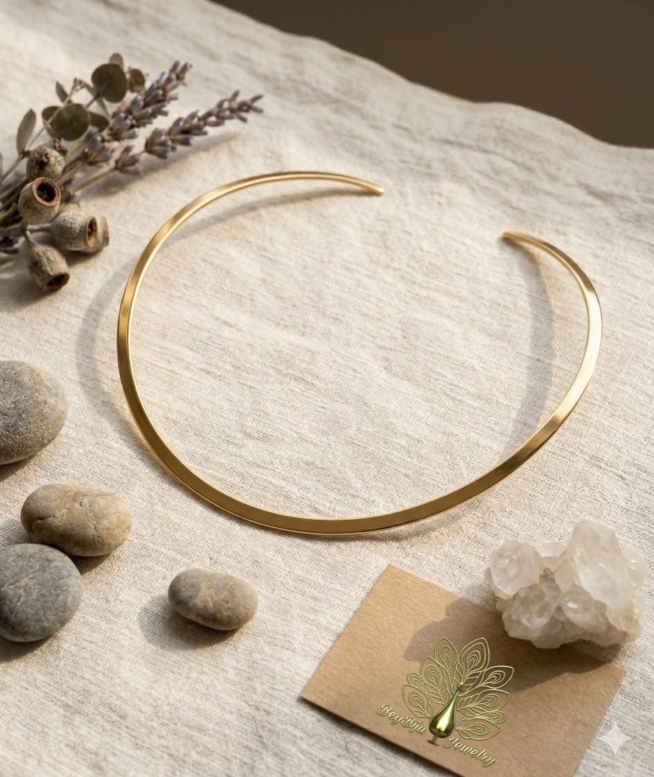 Polished Brass Choker: Flat Open Rigid Neck Ring for Charms, Pendants (Handmade)