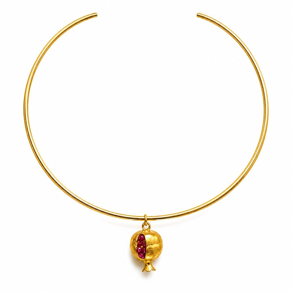 Handcrafted Turkish Jewelry: Intricate Pomegranate Choker with Gold Plated Charm and Pulished Brass Torc