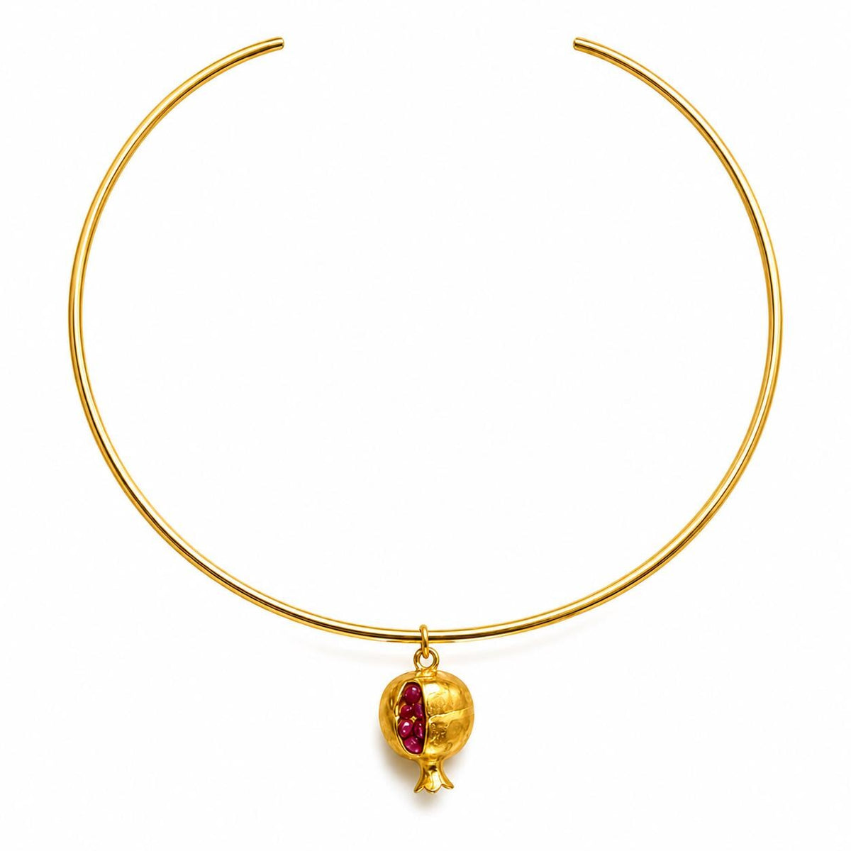 Handcrafted Turkish Jewelry: Intricate Pomegranate Choker with Gold Plated Charm and Pulished Brass Torc