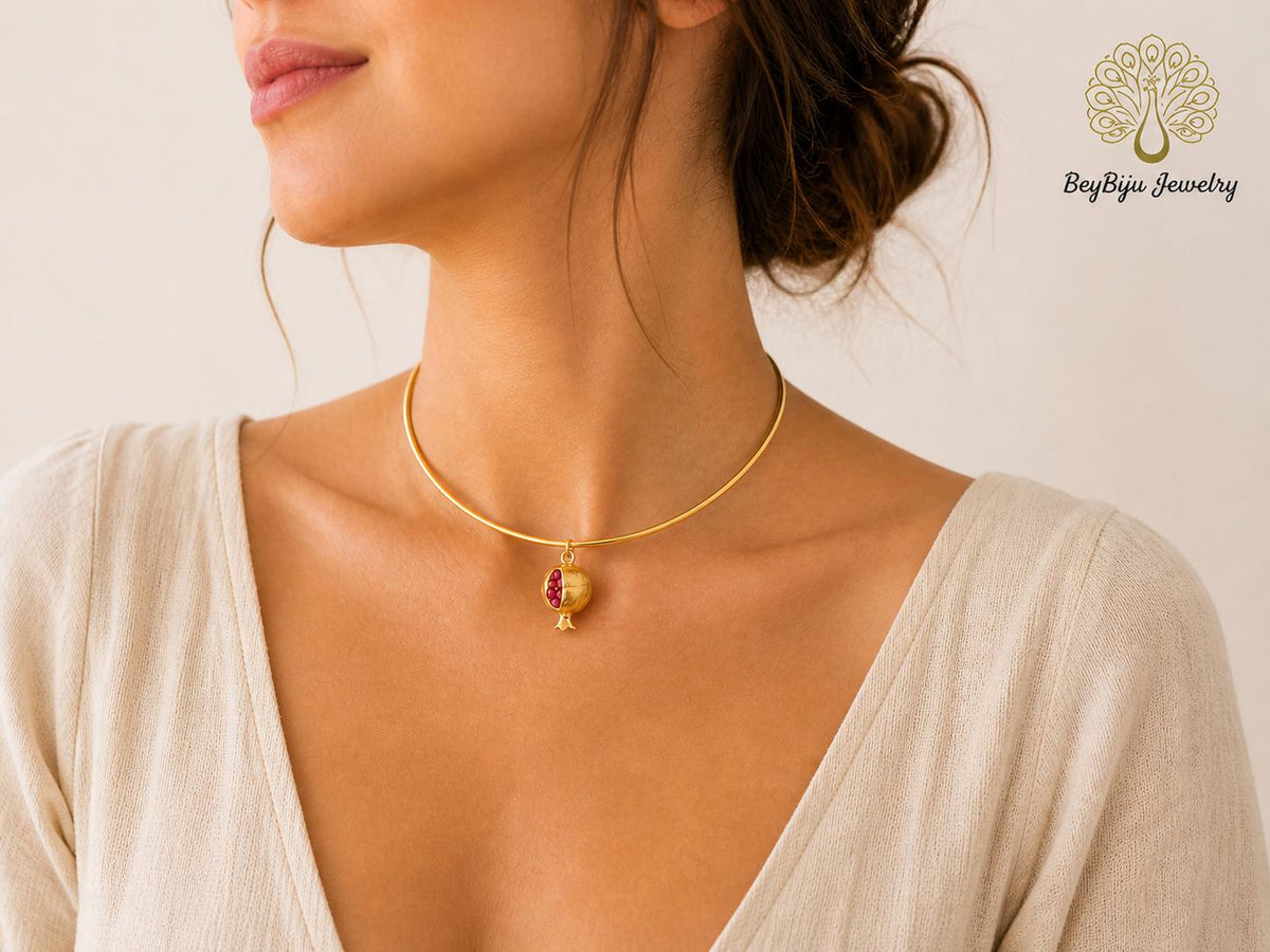 Handcrafted Turkish Jewelry: Intricate Pomegranate Choker with Gold Plated Charm and Pulished Brass Torc