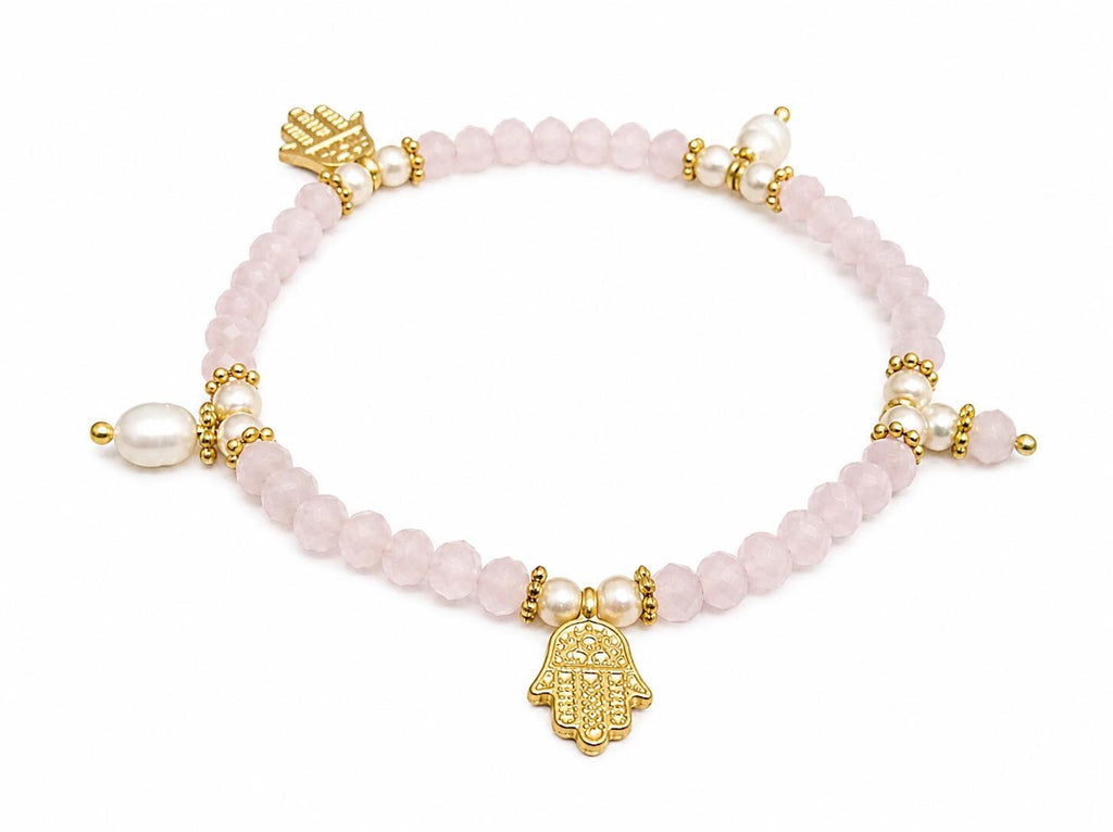 Elegant Gold Plated Hand of Fatima Rose Crystal Pearl Cuff Bracelet