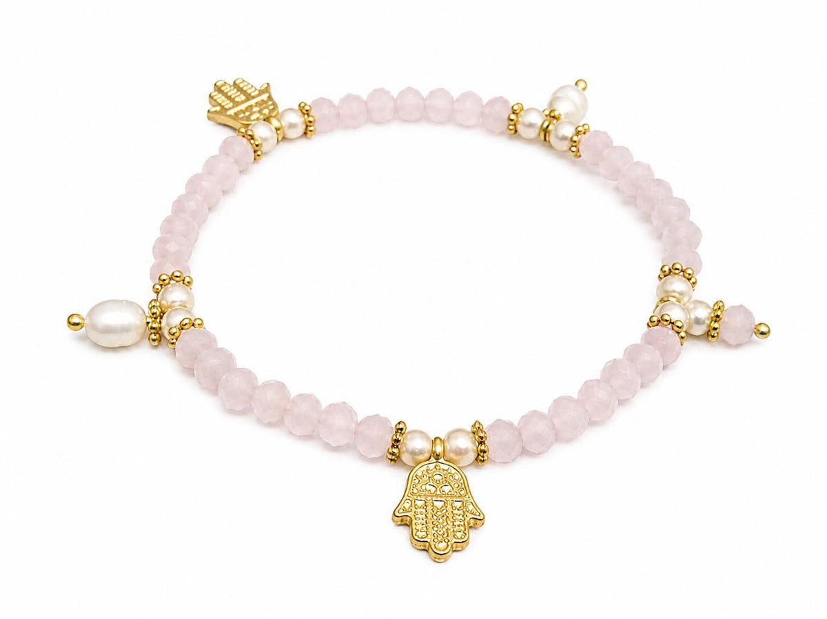 Elegant Gold Plated Hand of Fatima Rose Crystal Pearl Cuff Bracelet