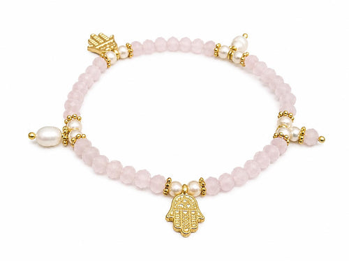 Elegant Gold Plated Hand of Fatima Rose Crystal Pearl Cuff Bracelet