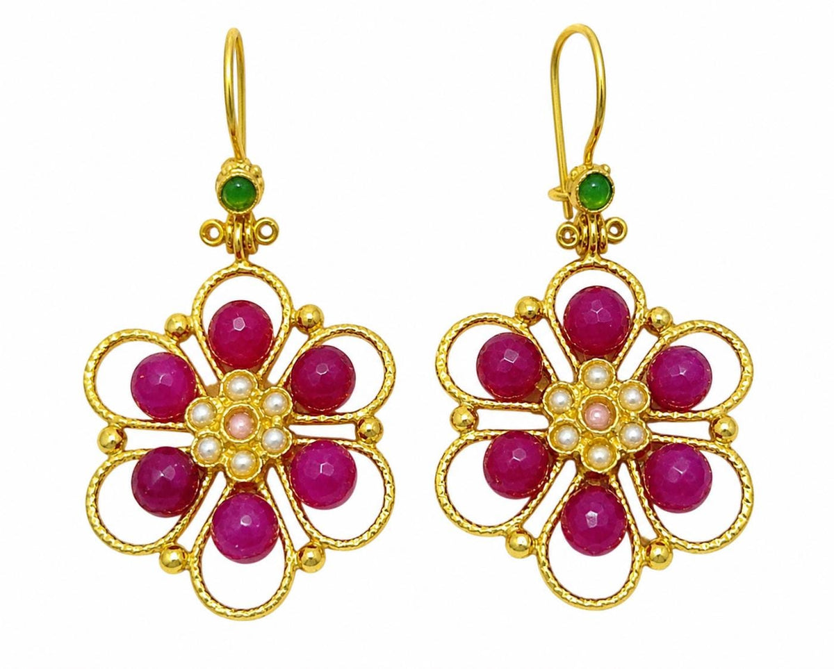 Gold Plated Turkish Flower Earrings, Pearl & Pink Agate, Boho Chic