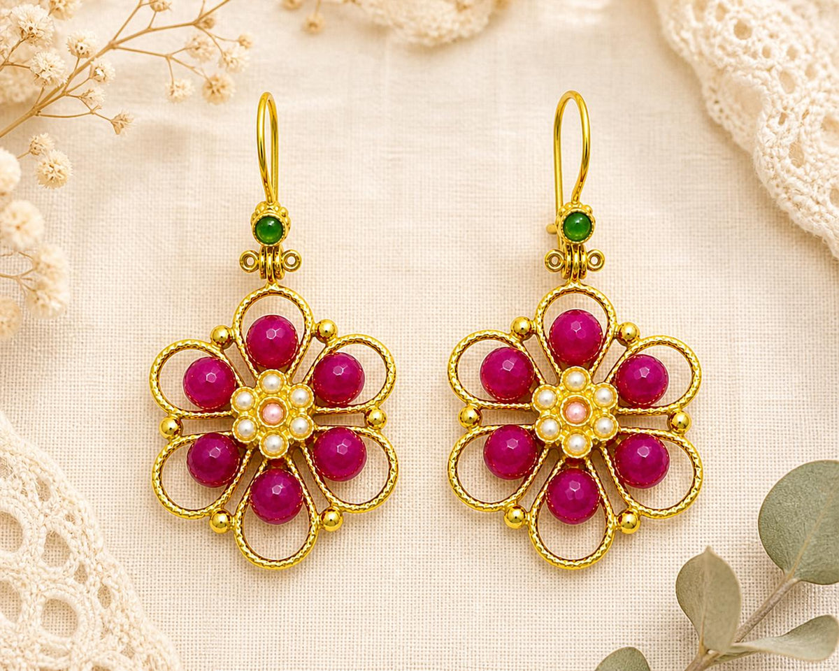 Gold Plated Turkish Flower Earrings, Pearl & Pink Agate, Boho Chic