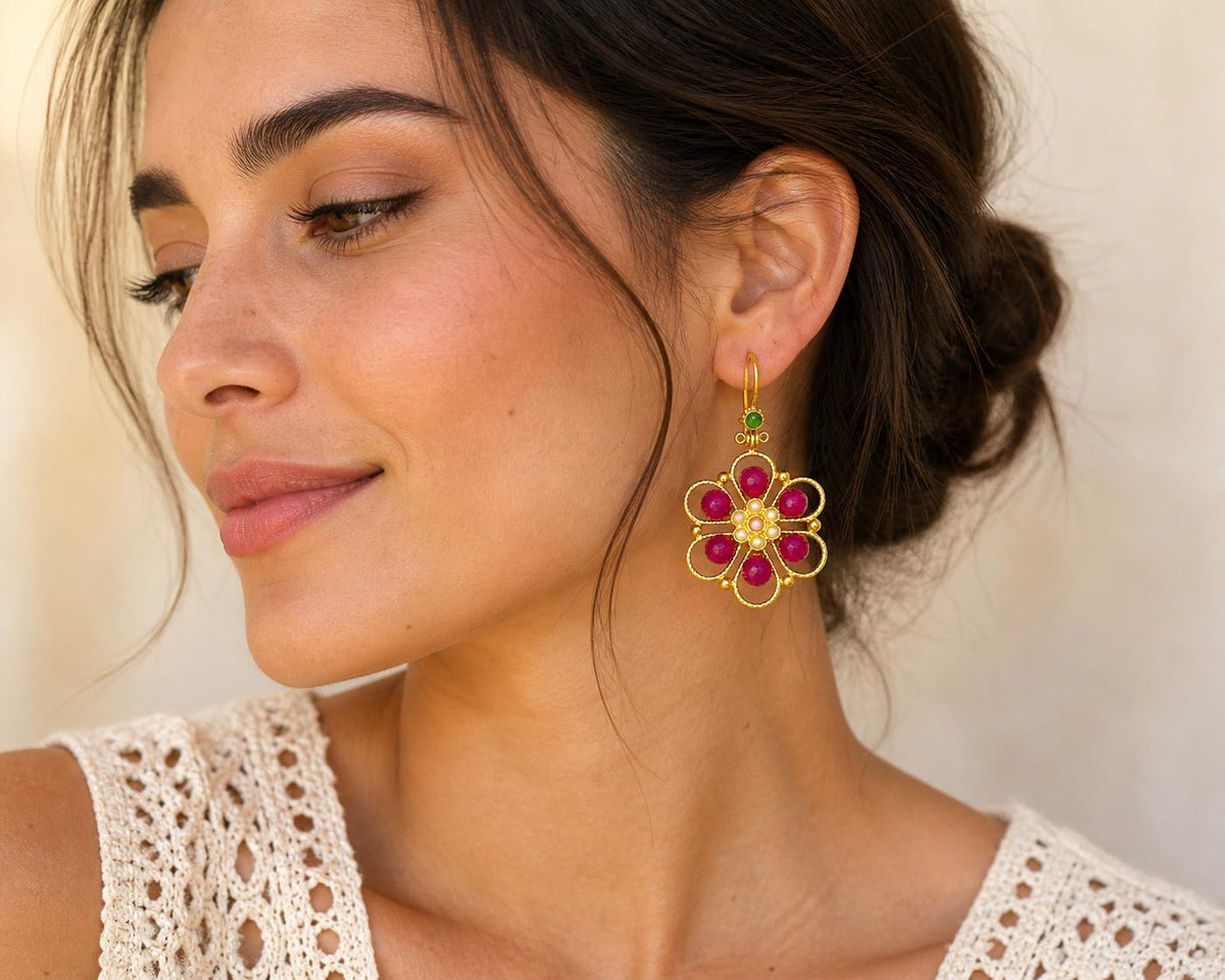 Gold Plated Turkish Flower Earrings, Pearl & Pink Agate, Boho Chic