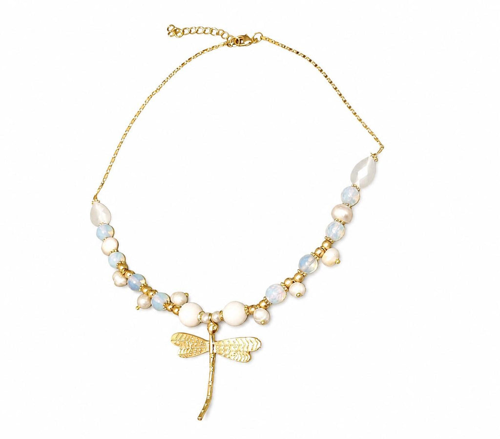 Gold Plated Dragonfly Necklace, Real Pearl, White Jade, Cat Eye, Symbol of Prosperity