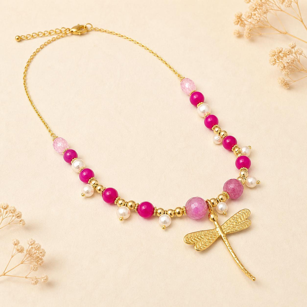 Gold Plated Brass Dragonfly Necklace, Rose Quartz, Agate, Pearl Beads, Prosperity Symbol