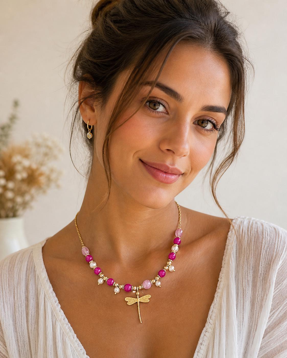 Gold Plated Brass Dragonfly Necklace, Rose Quartz, Agate, Pearl Beads, Prosperity Symbol