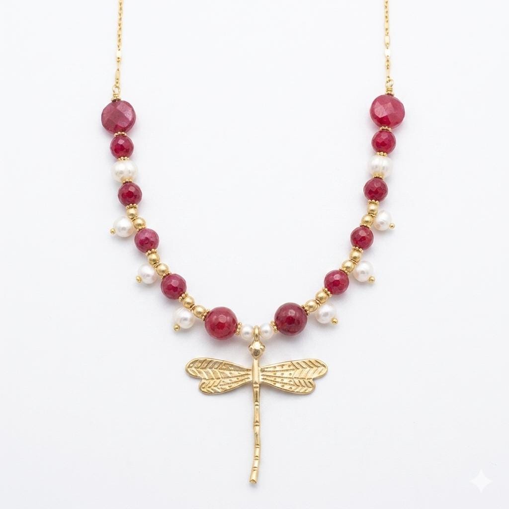 Elegant Dragonfly Necklace with Pearl, Ruby Jade & Garnet Quartzite - Turkish Jewelry