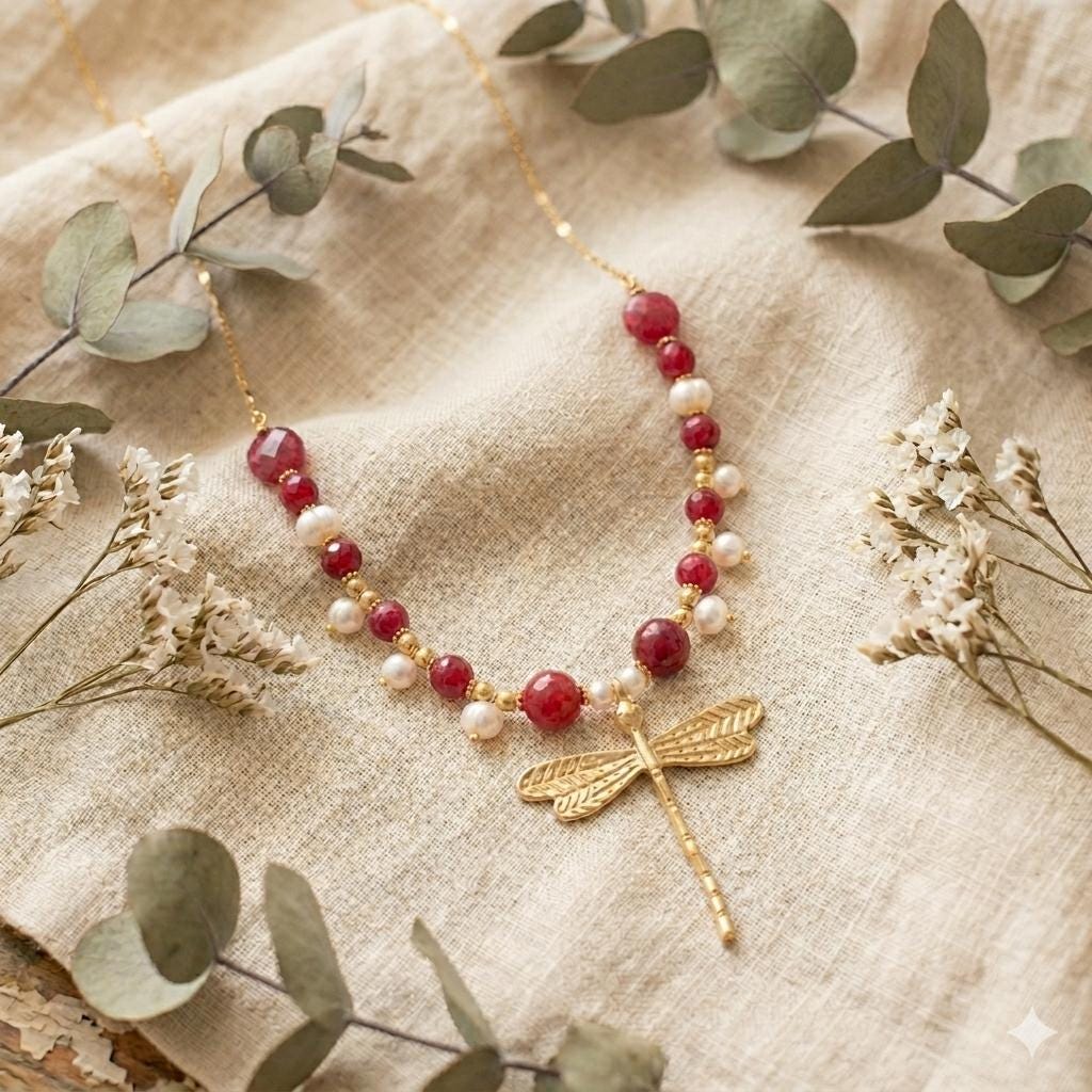 Elegant Dragonfly Necklace with Pearl, Ruby Jade & Garnet Quartzite - Turkish Jewelry
