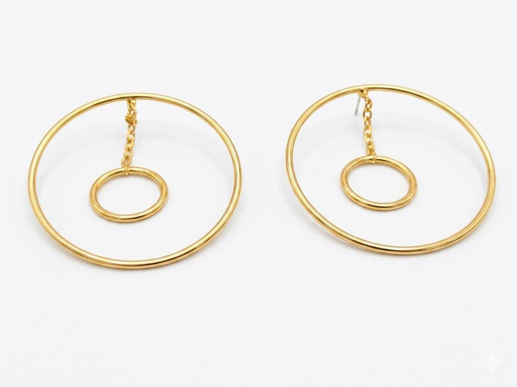 Gold Plated Double Circle Hoop Earrings, Geometric Dangle Earrings