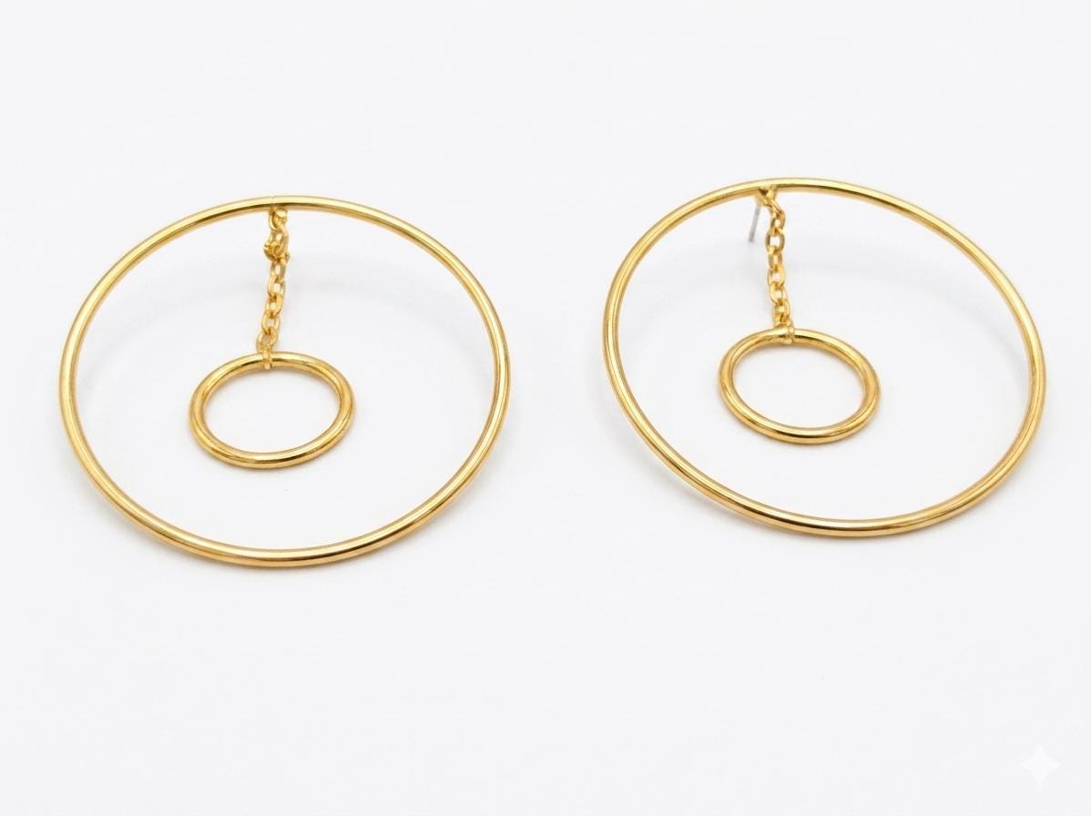 Gold Plated Double Circle Hoop Earrings, Geometric Dangle Earrings