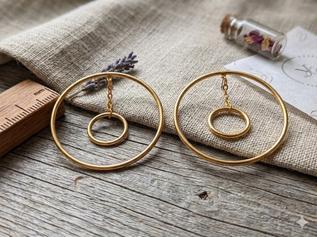Gold Plated Double Circle Hoop Earrings, Geometric Dangle Earrings